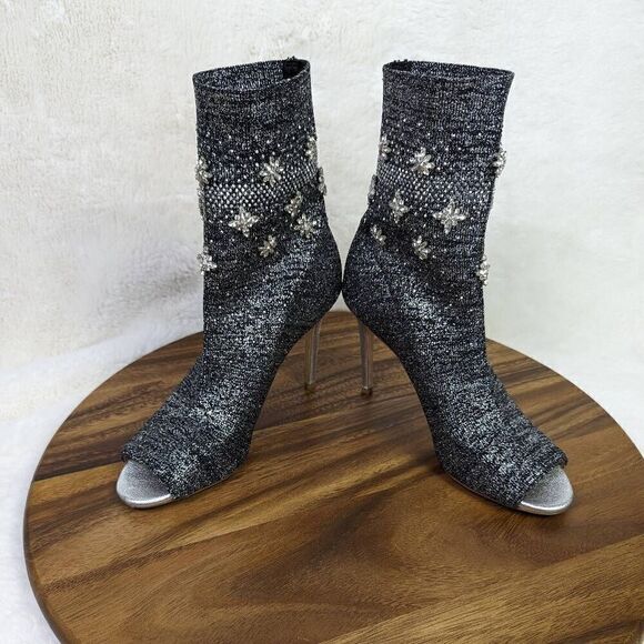 Badgley Mischka Viva Peep Toe Sock Bootie Heels Women’s Size 6.5 Black Silver - Picture 7 of 15